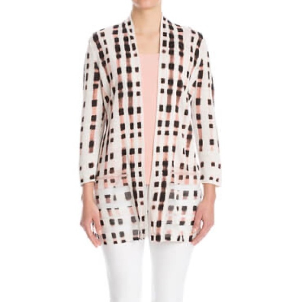 Nic+Zoe Black White and Pink 3/4 Sleeve Linen Open Cardigan Size Medium